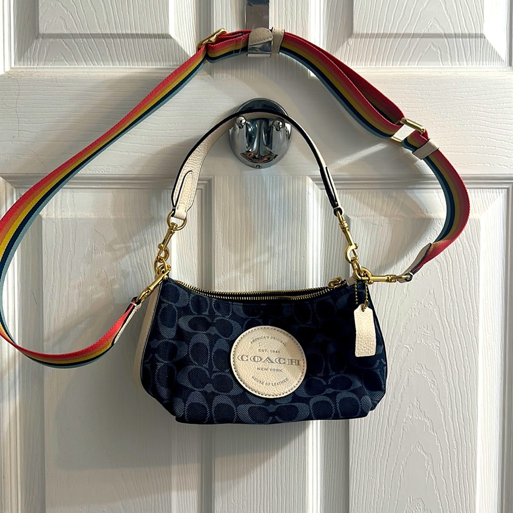 Coach logo blue purse with rainbow removable strap. Crossbody option or shoulder